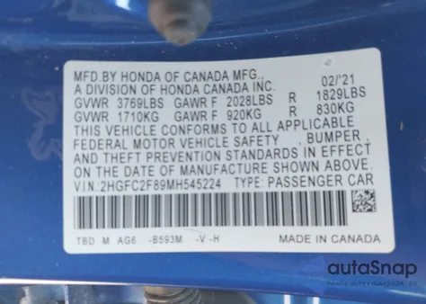 2021 Honda Civic Sport из США, поврежденный, VIN 2HGFC2F89MH545224